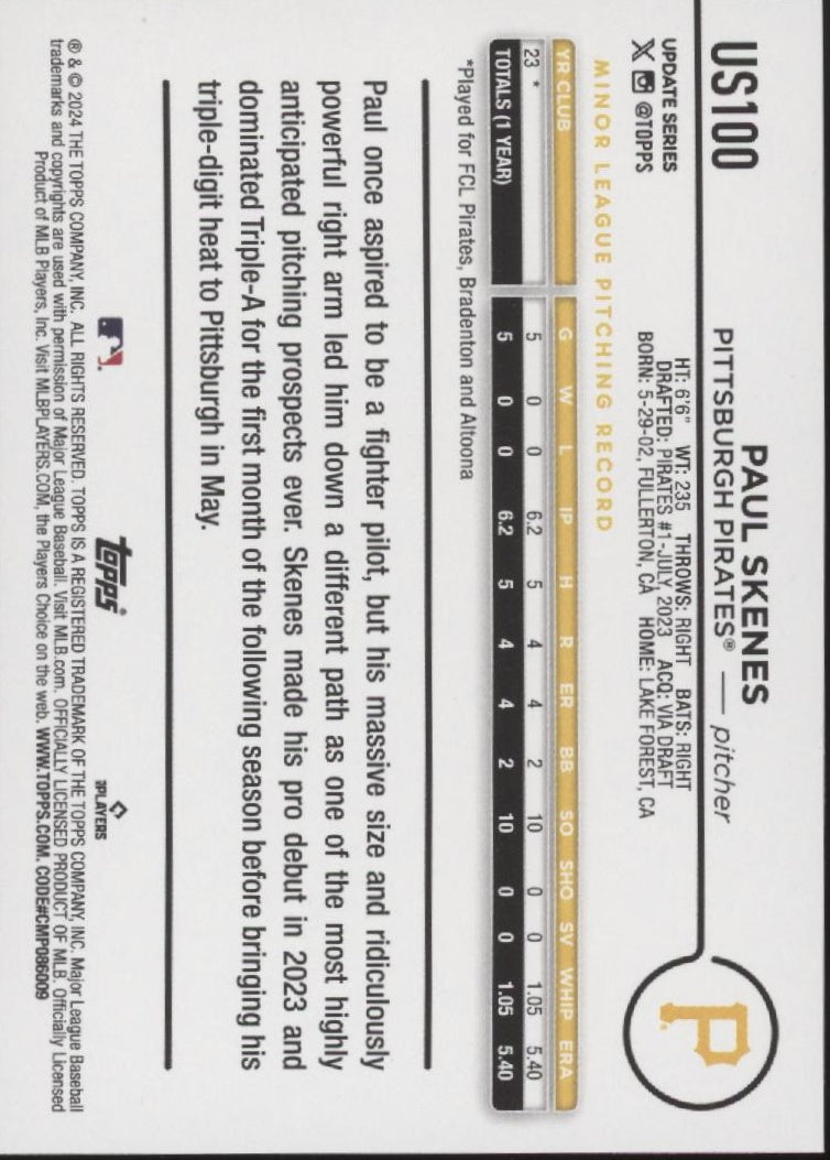 Paul Skenes 2024 Topps Update Series RC #US100