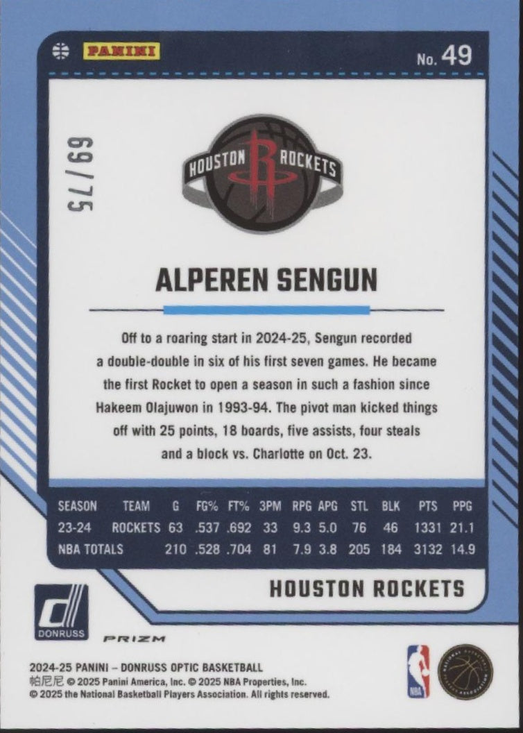 Alperen Sengun 2024-25 Panini Donruss Optic Electricity International 69/75 #49