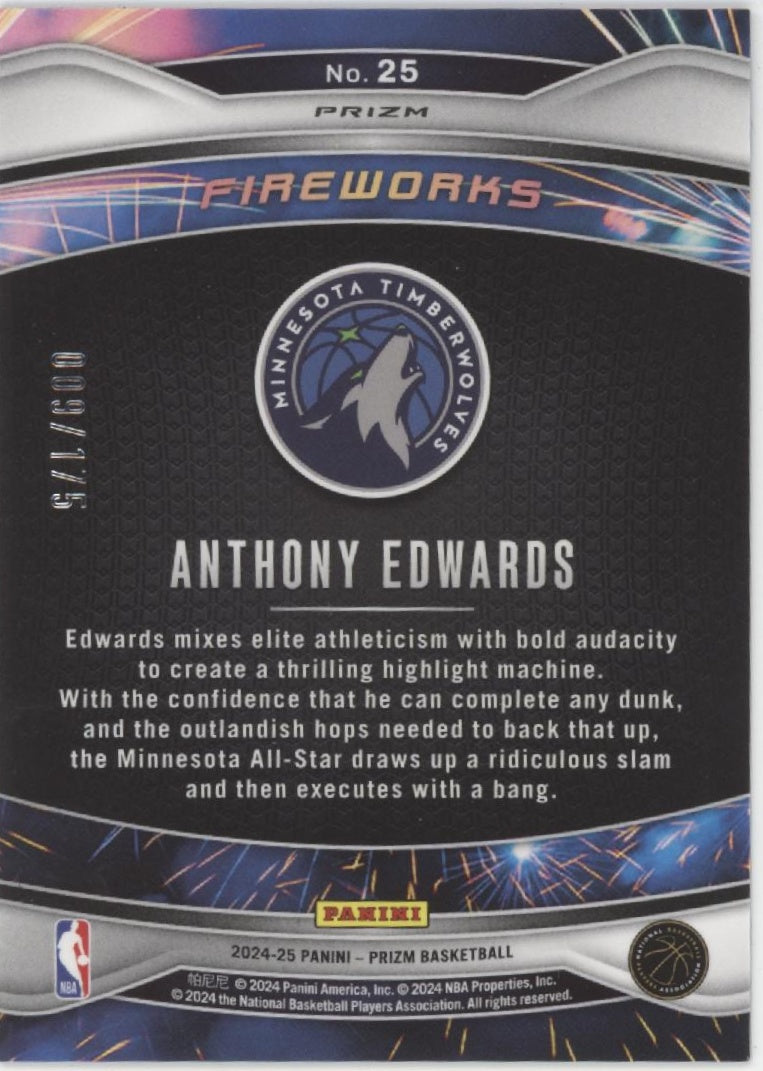 Anthony Edwards 2024-25 Panini Prizm Fireworks Blue Wave Prizm 009/175 #25、Collector Store LLC、kayou