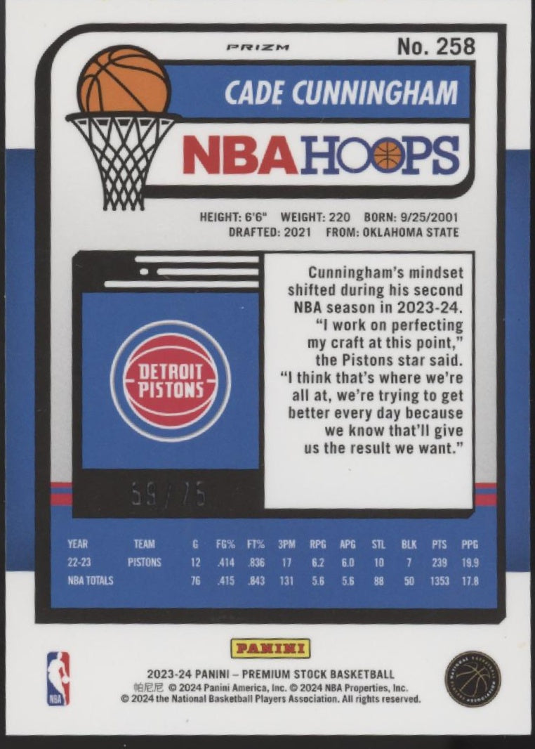 Cade Cunningham 2023-24 Panini Premium Stock Hoops Blue Pulsar Prizm 59/75 #258