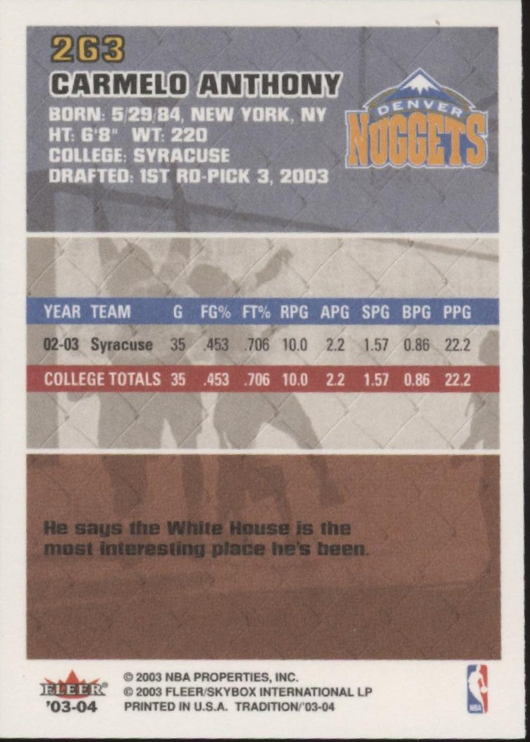 Carmelo Anthony 2003-04 Fleer Tradition RC #263