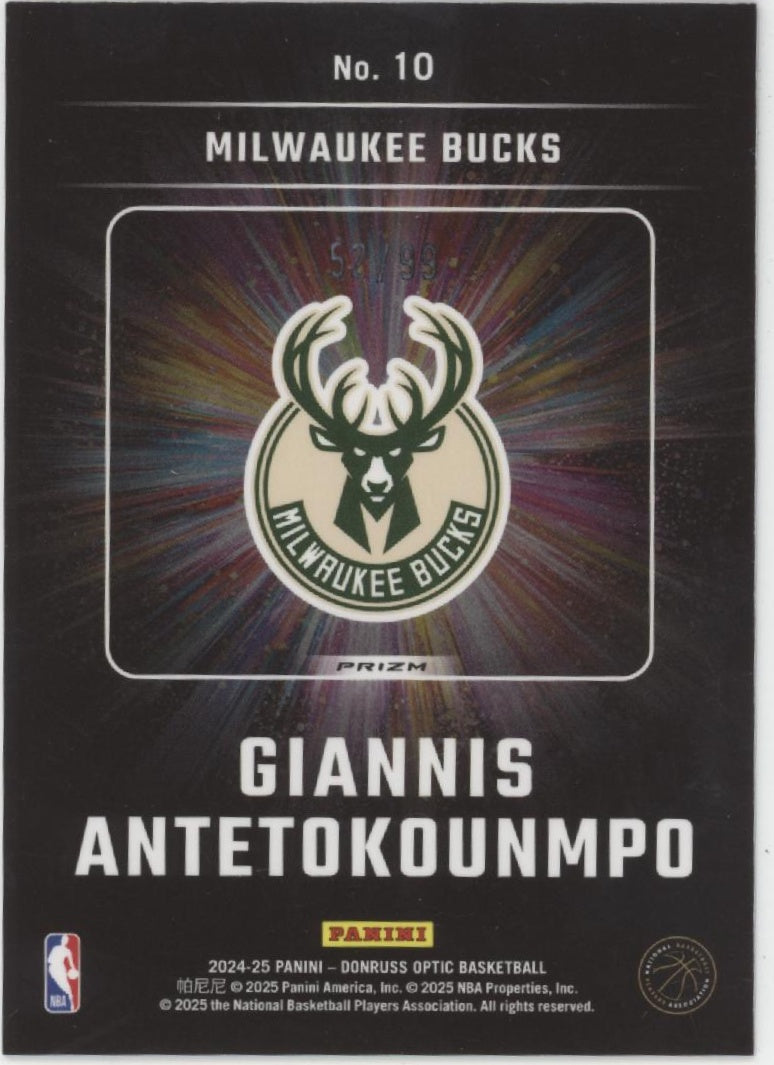 Giannis Antetokounmpo 2024-25 Donruss Optic Lights Out International Prizm 52/99