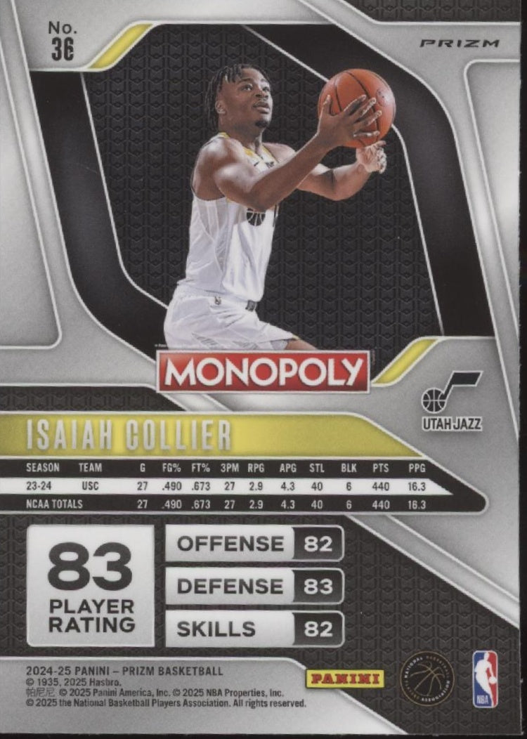 Isaiah Collier 2024-25 Panini Prizm Monopoly White RC #36