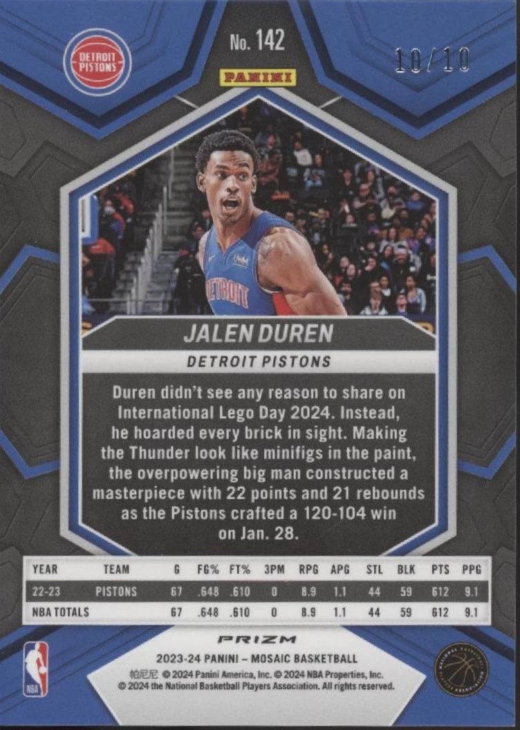 Jalen Duren 2023-24 Panini Mosaic Pink Fluorescent Prizm 10/10 #142