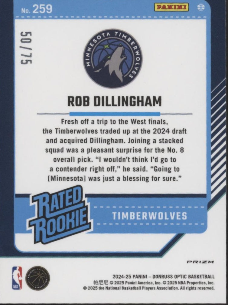 Rob Dillingham 2024-25 Donruss Optic Rated Rookie Electricity International /75