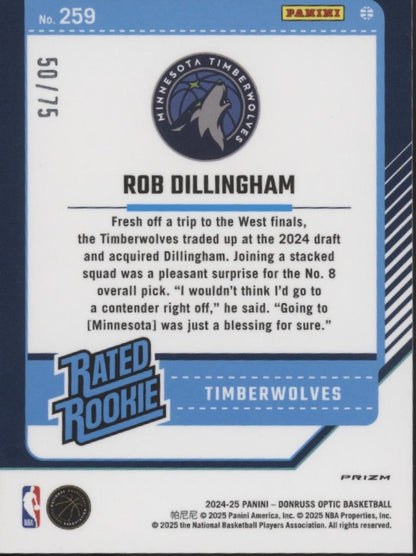 Rob Dillingham 2024-25 Donruss Optic Rated Rookie Electricity International /75