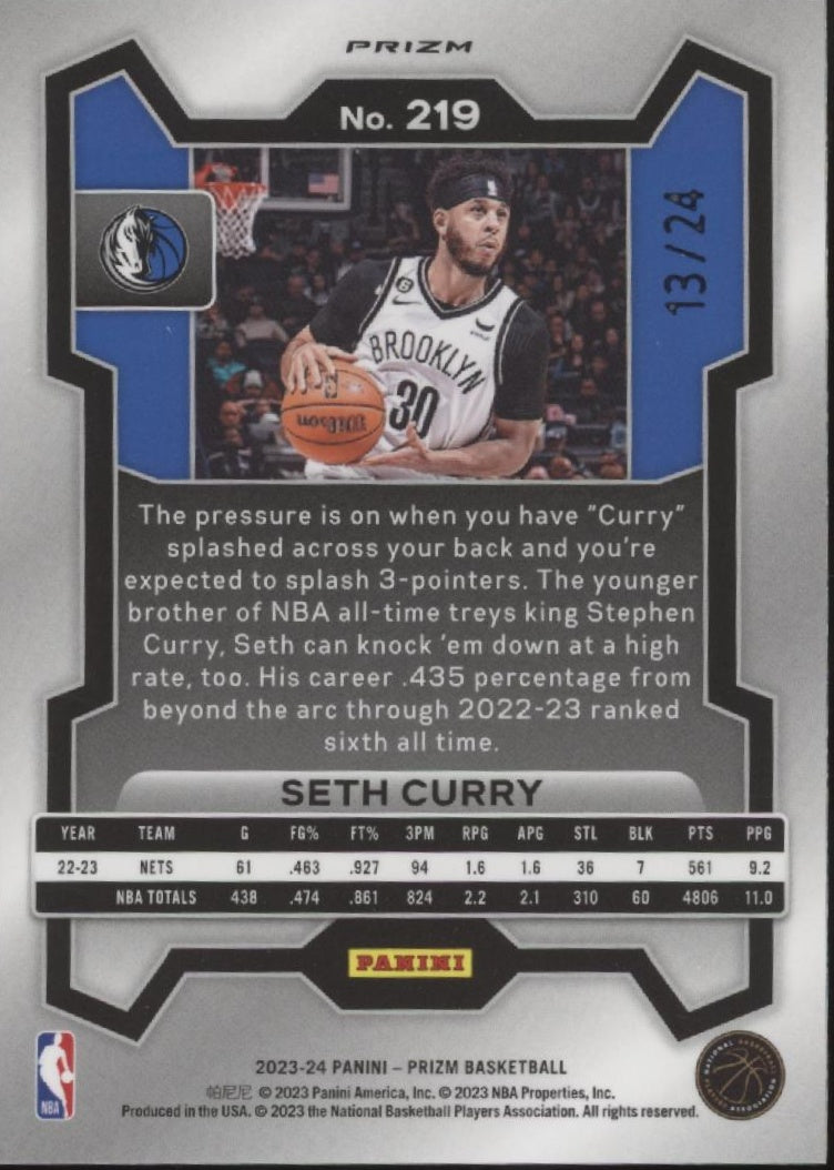 Seth Curry 2023-24 Panini Prizm Gold Sparkle Prizm 13/24 #219