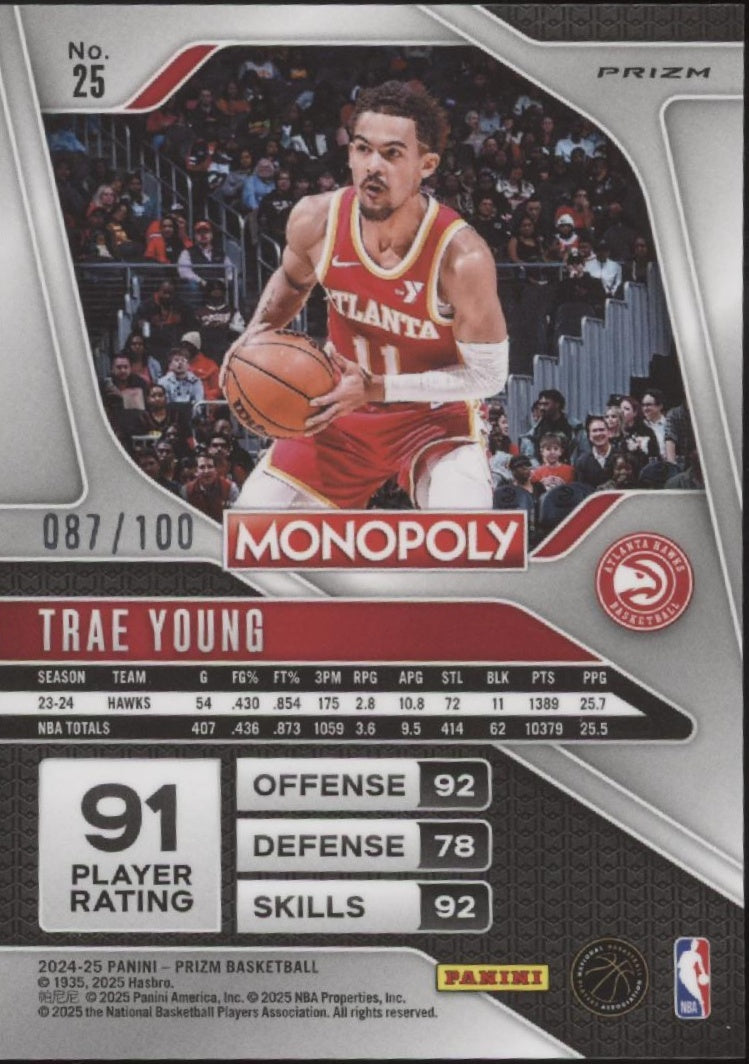 Trae Young 2024-25 Panini Prizm Monopoly Red Millionaire Shimmer Prizm 087/100