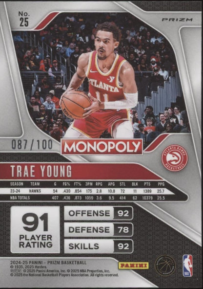 Trae Young 2024-25 Panini Prizm Monopoly Red Millionaire Shimmer Prizm 087/100