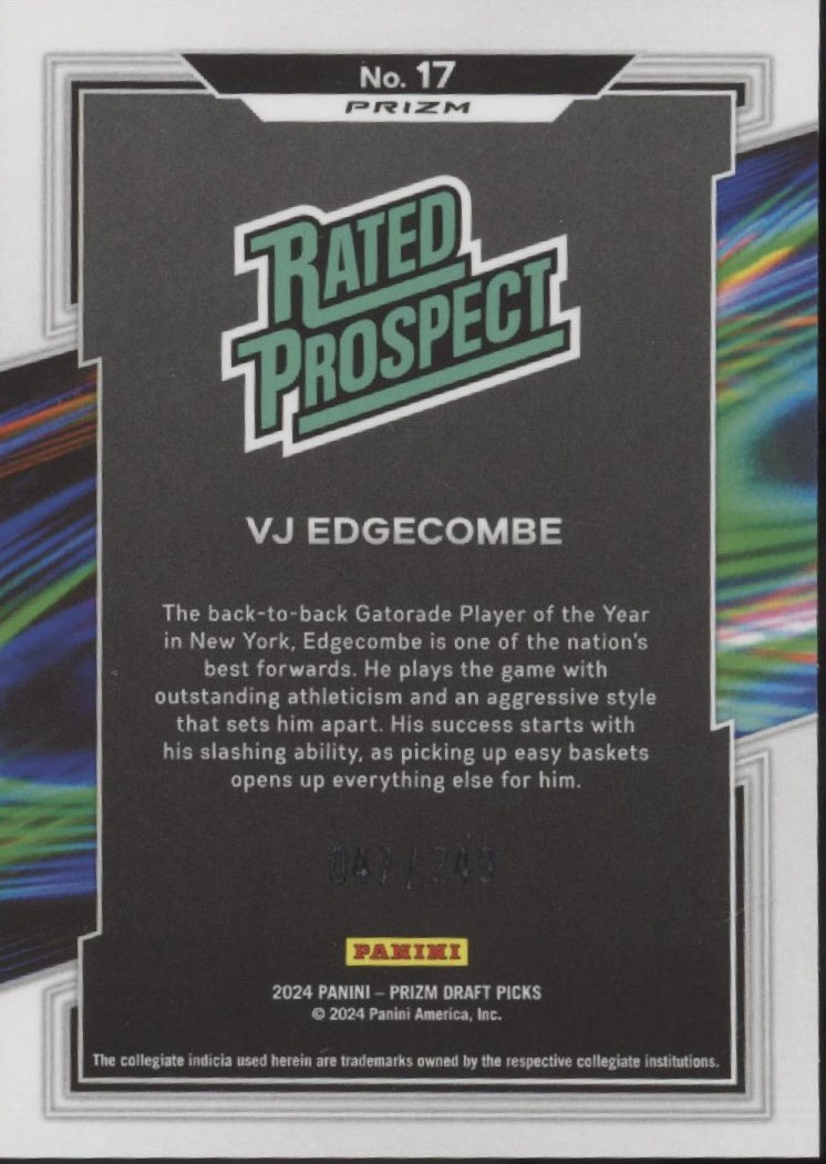 VJ Edgecombe 2024 Prizm Draft Picks Rated Prospect Blue Wave Prizm 047/249 #2