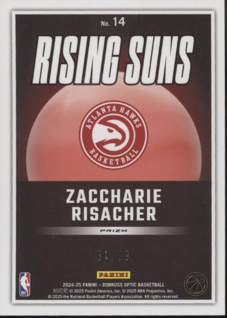 Zaccharie Risacher 2024-25 Donruss Optic Rising Suns Gold Red Int Prizm RC 34/99
