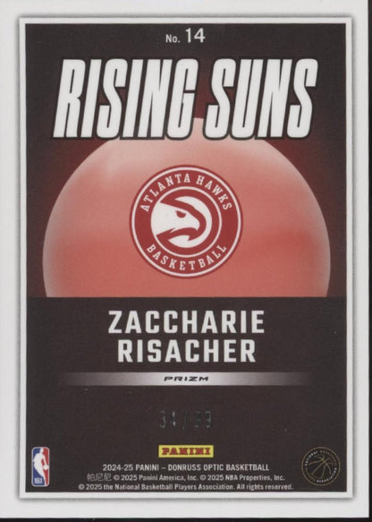 Zaccharie Risacher 2024-25 Donruss Optic Rising Suns Gold Red Int Prizm RC 34/99