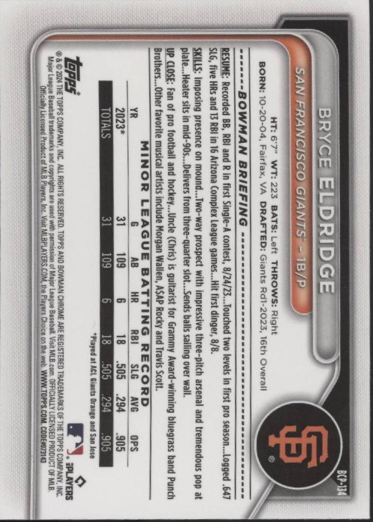 Bryce Eldridge 2024 Bowman Chrome Green Ice Refractor 61/99 #BCP-134