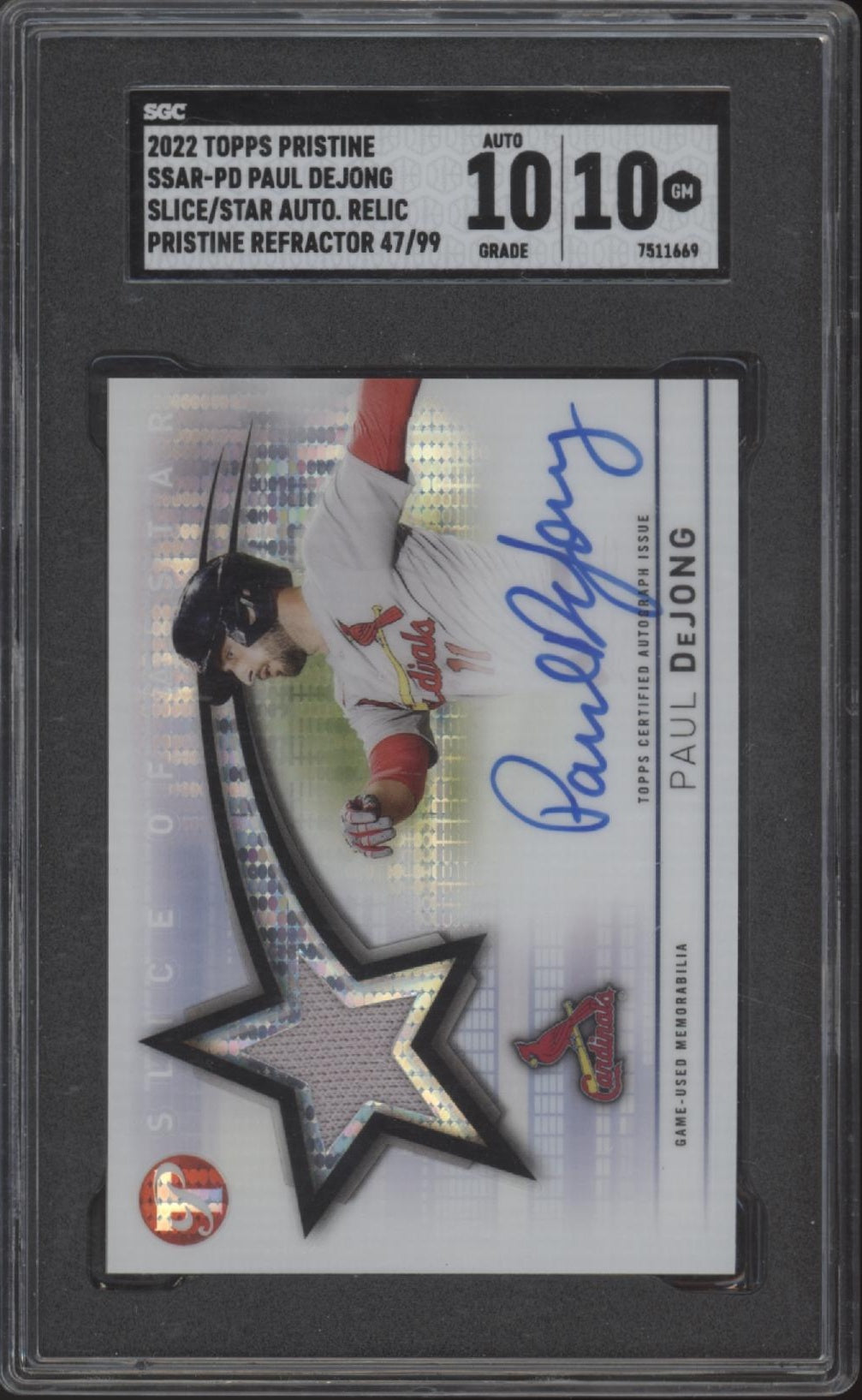 Paul DeJong 2022 Pristine Slice of a Star Swatch Refractor /99 SGC 10 / 10 Auto