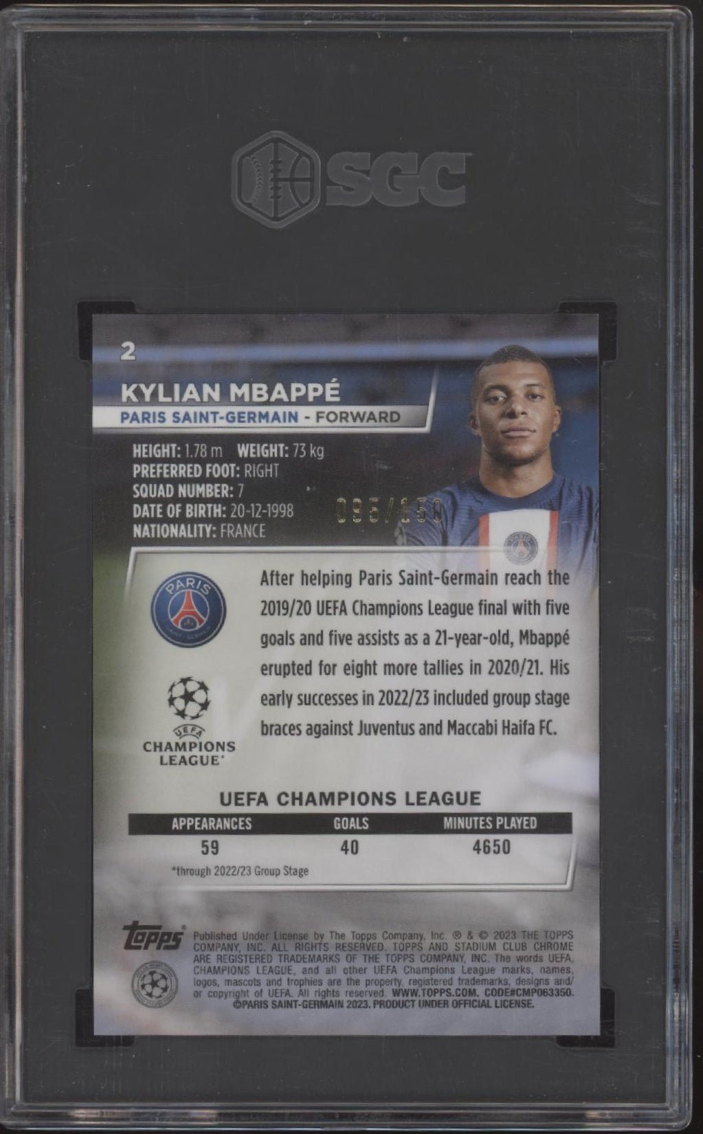 Kylian Mbappe 2022-23 Topps Stadium Club ICC Pink Wave Refractor 95/150 SGC 10