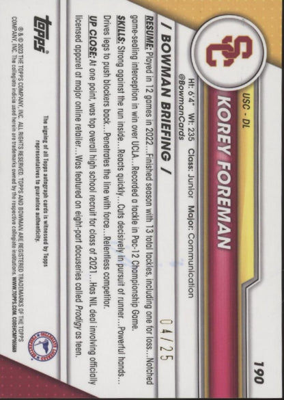 Korey Foreman 2023 Bowman Chrome University Orange Refractor Auto 04/25 #190