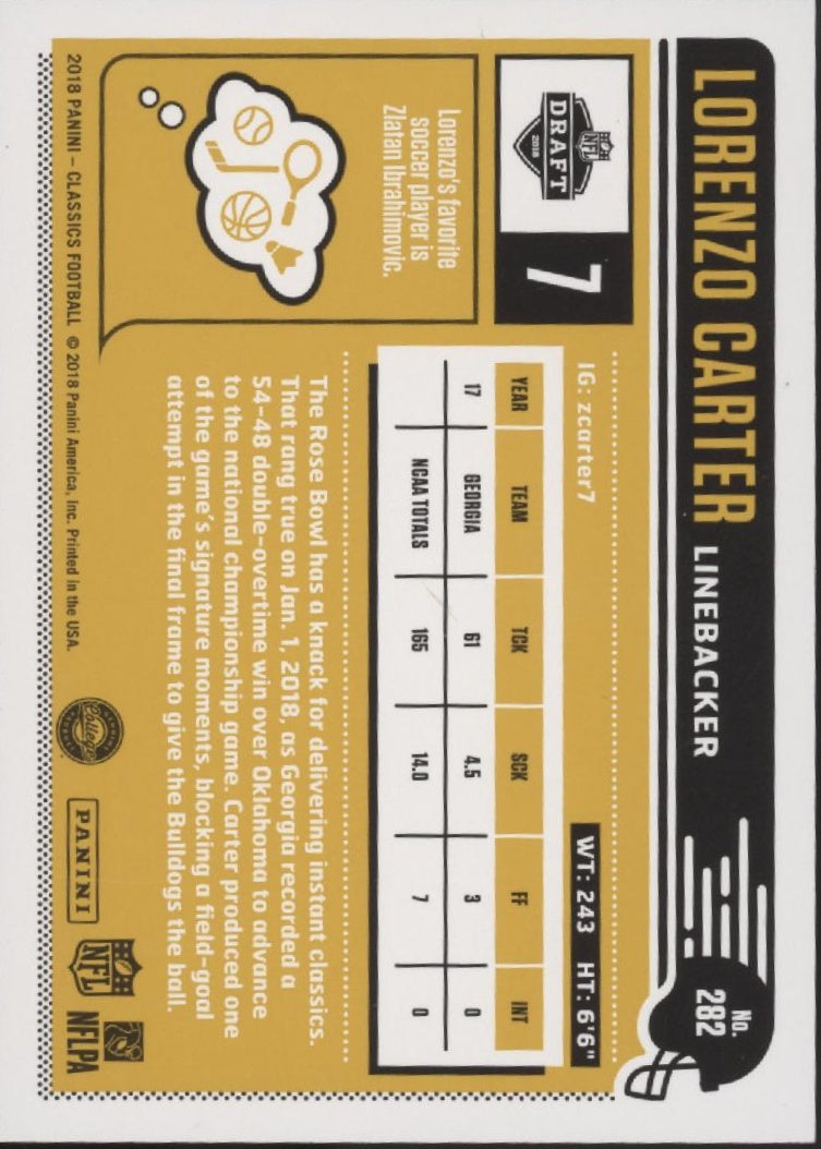 Lorenzo Carter 2018 Panini Classics No Name RC 06/10 #282