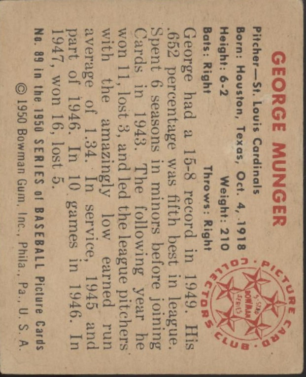 George Munger 1950 Bowman #89 St. Louis Cardinals VG-EX