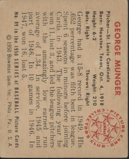 George Munger 1950 Bowman #89 St. Louis Cardinals VG-EX