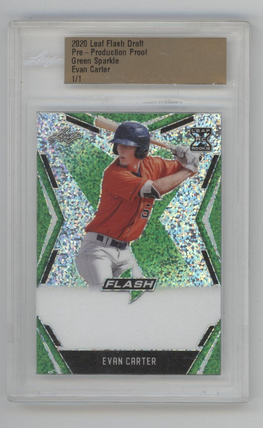 Evan Carter 2020 Leaf Flash Draft Green Sparkle Pre-Production Proof 1/1