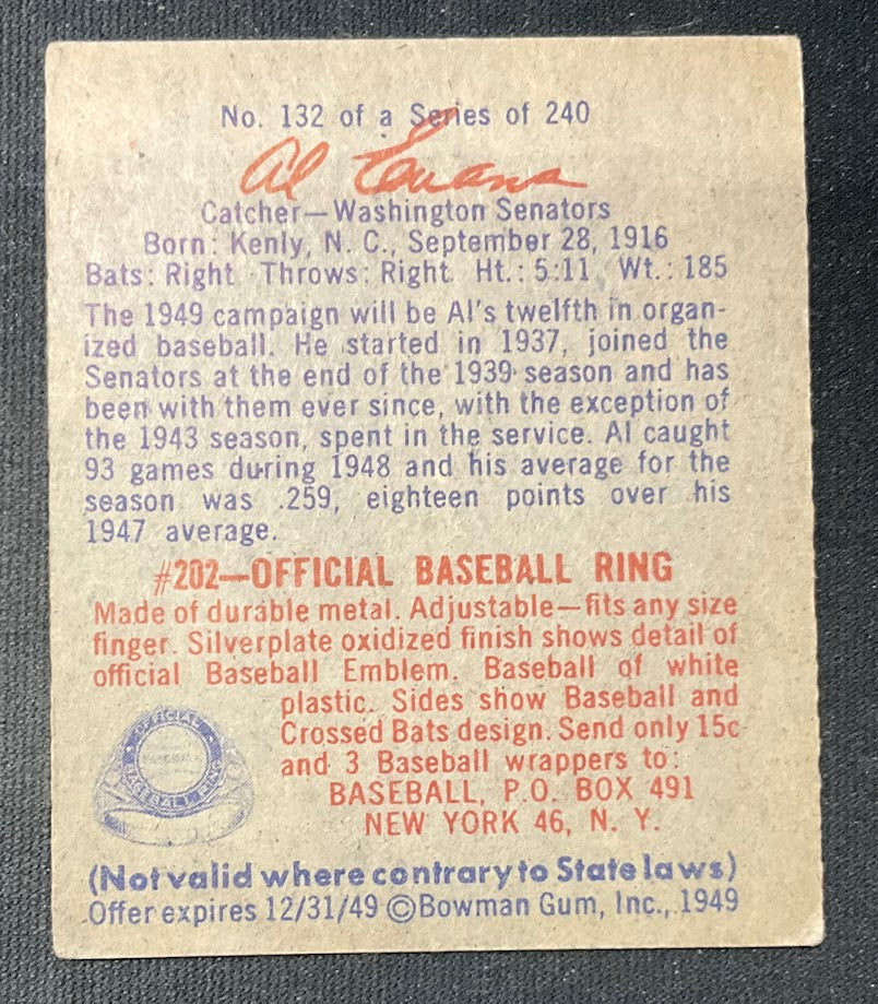 Al Evans 1949 Bowman #132 Washington Senators EX