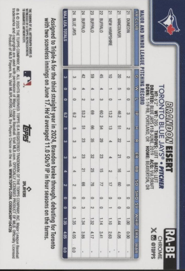 Brandon Eisert 2025 Topps Chrome Gold Refractor RC Auto 29/50 #RA-BE