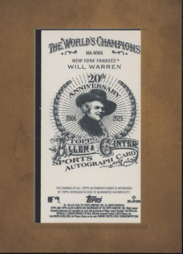 Will Warren 2025 Topps Allen & Ginter Mini Framed Auto RC #MA-WWA
