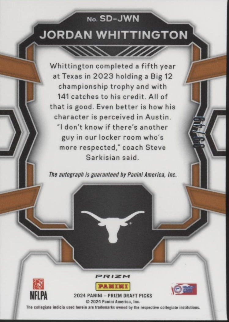 Jordan Whittington 2024 Prizm Draft Picks Signing Day Orange Pulsar RC Auto /49