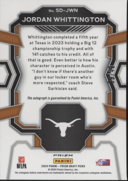 Jordan Whittington 2024 Prizm Draft Picks Signing Day Orange Pulsar RC Auto /49