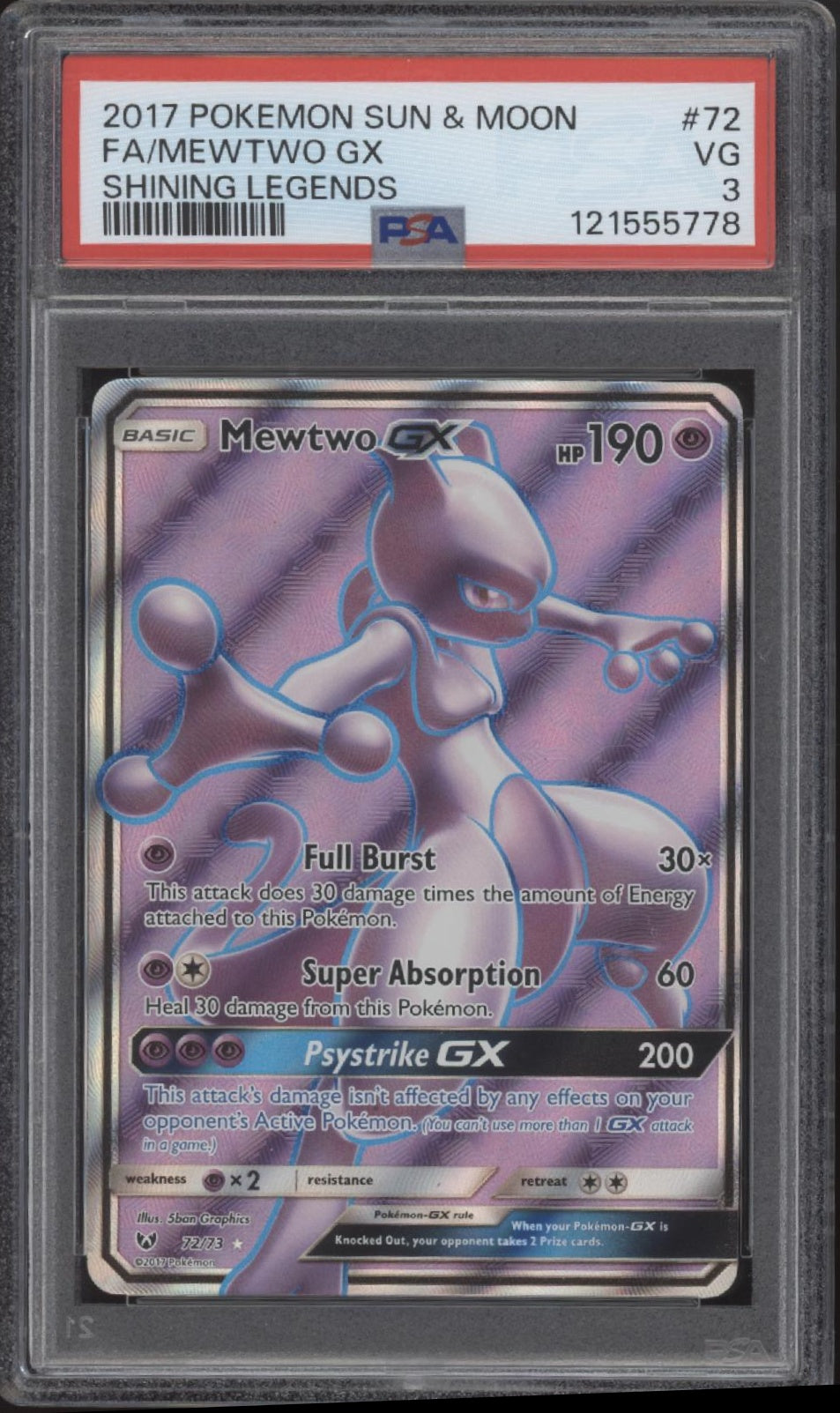 Mewtwo GX Pokemon Shining Legends Full Art #72 PSA 3