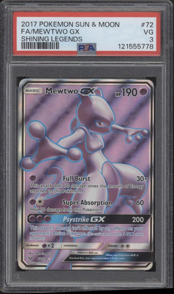 pokemon shining legends mewtwo collectible cards Mewtwo GX Pokemon Shining Legends Full Art #72 PSA 3
