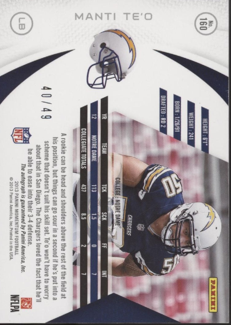 Manti Te'o 2013 Panini Mometum RC Auto 40/49 #160