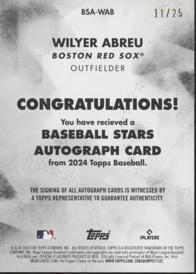 Wilyer Abreu 2024 Topps Series 1 Red Star RC Auto 11/25 #BSA-WAB