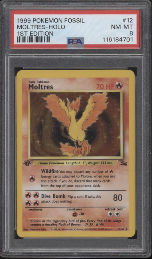 Moltres Pokemon Fossil Holo 1st Edition #12 PSA 8
