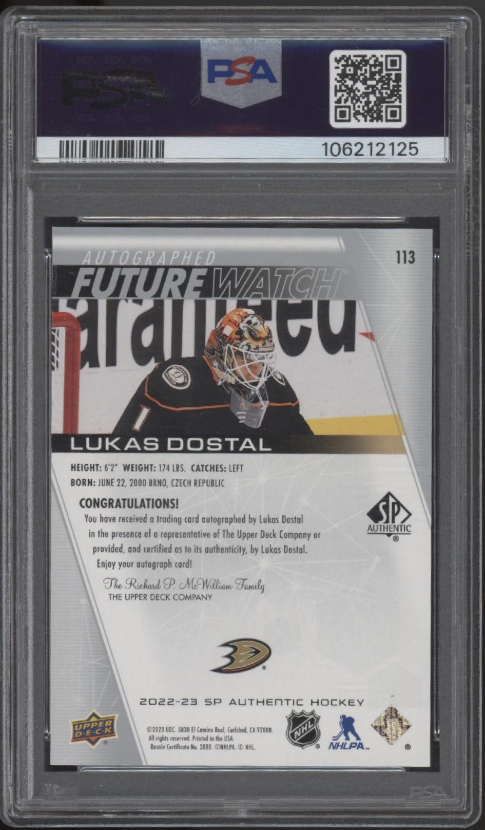 Lukas Dostal 2022-23 Upper Deck SP Authentic Future Watch Auto 607/999 PSA 9