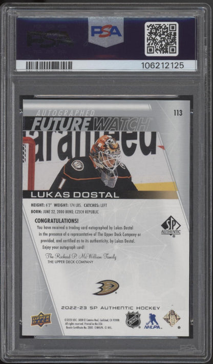 Lukas Dostal 2022-23 Upper Deck SP Authentic Future Watch Auto 607/999 PSA 9