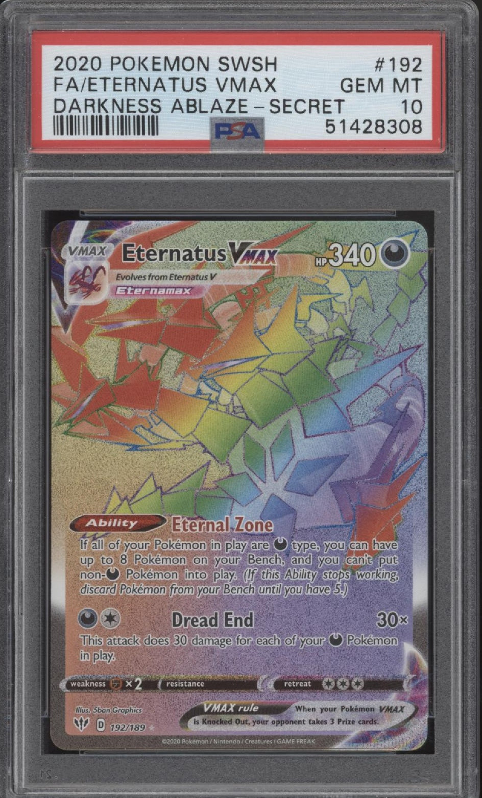 Eternatus VMAX Pokemon Darkness Ablaze Full Art Secret #192 PSA 10
