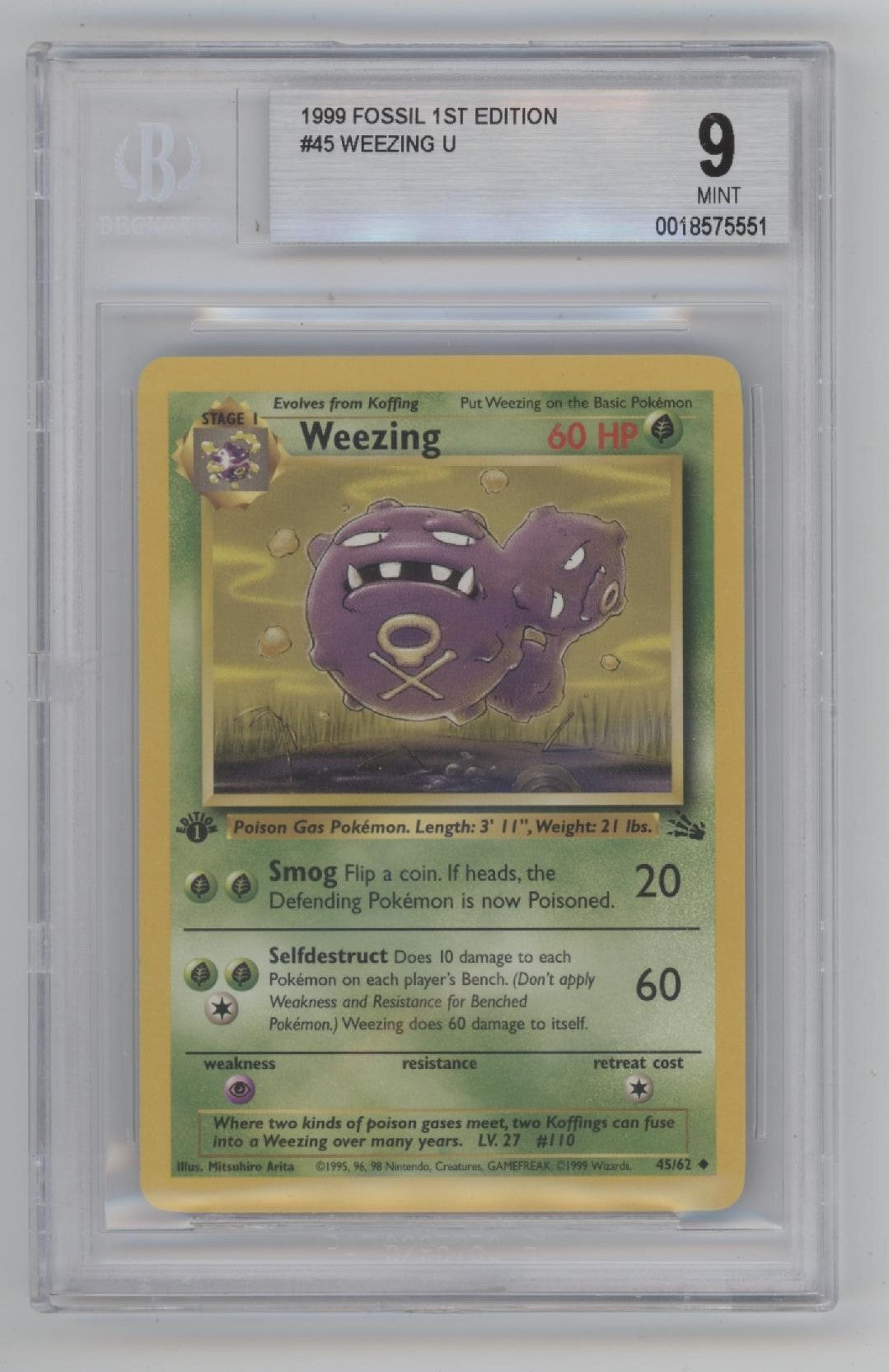 Weezing Pokemon Fossil 1st Edition #45 Beckett 9
