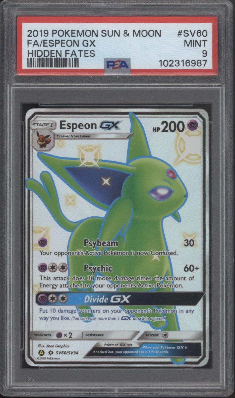 Espeon GX Pokemon Hidden Fates Full Art #SV60 PSA 9