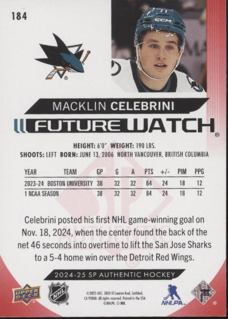 Macklin Celebrini 2024-25 Upper Deck SP Authentic Limited Future Watch Red #184