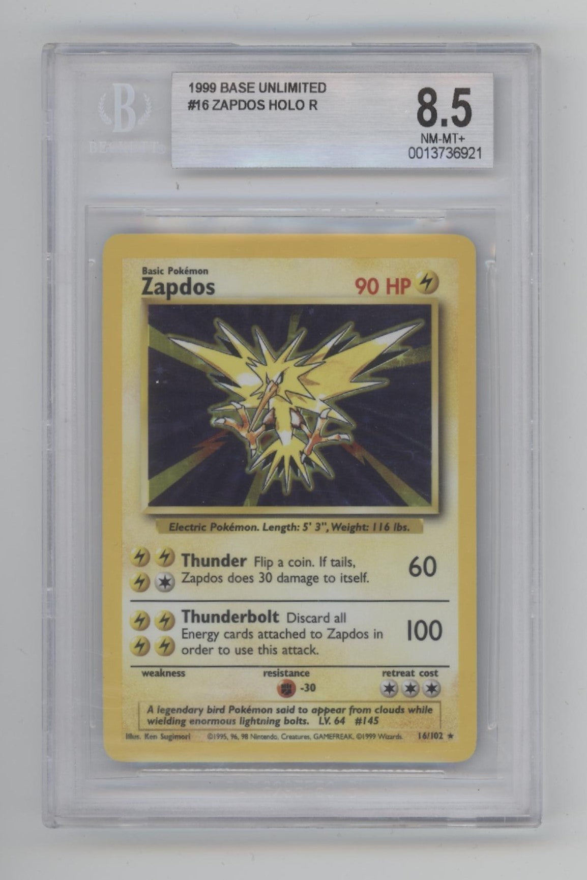 Zapdos Pokemon Base Set Holo #16 Beckett 8.5