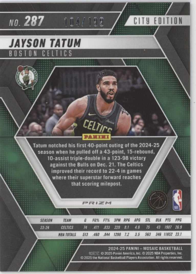 Jayson Tatum 2024-25 Panini Mosaic City Edition Blue Prizm 104/199 #187