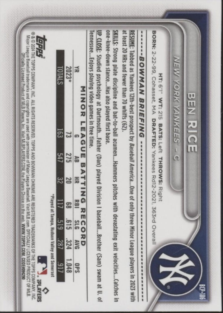 Ben Rice 2024 Bowman Chrome Mojo Refractor #BCP-186
