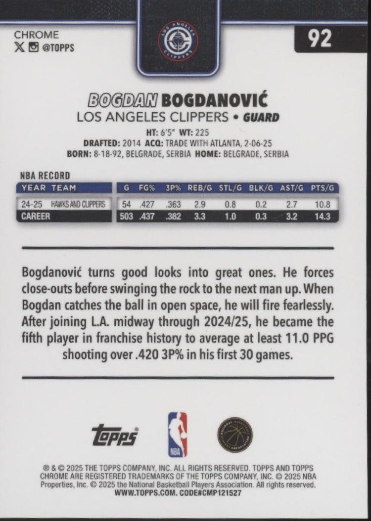 Bogdan Bogdanovic 2025-26 Topps Chrome Gold Refractor 18/50 #92