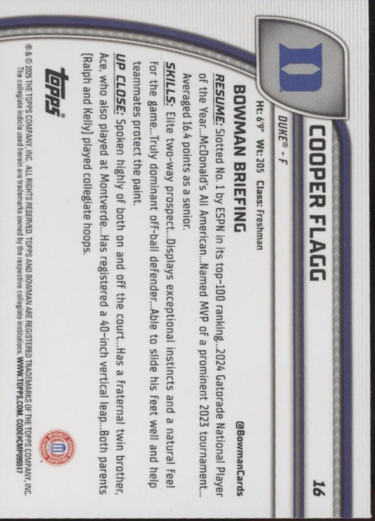 Cooper Flagg 2025 Bowman Chrome University #16