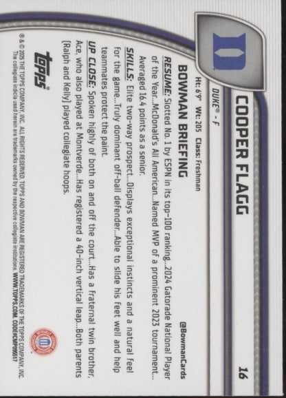 Cooper Flagg 2025 Bowman Chrome University #16