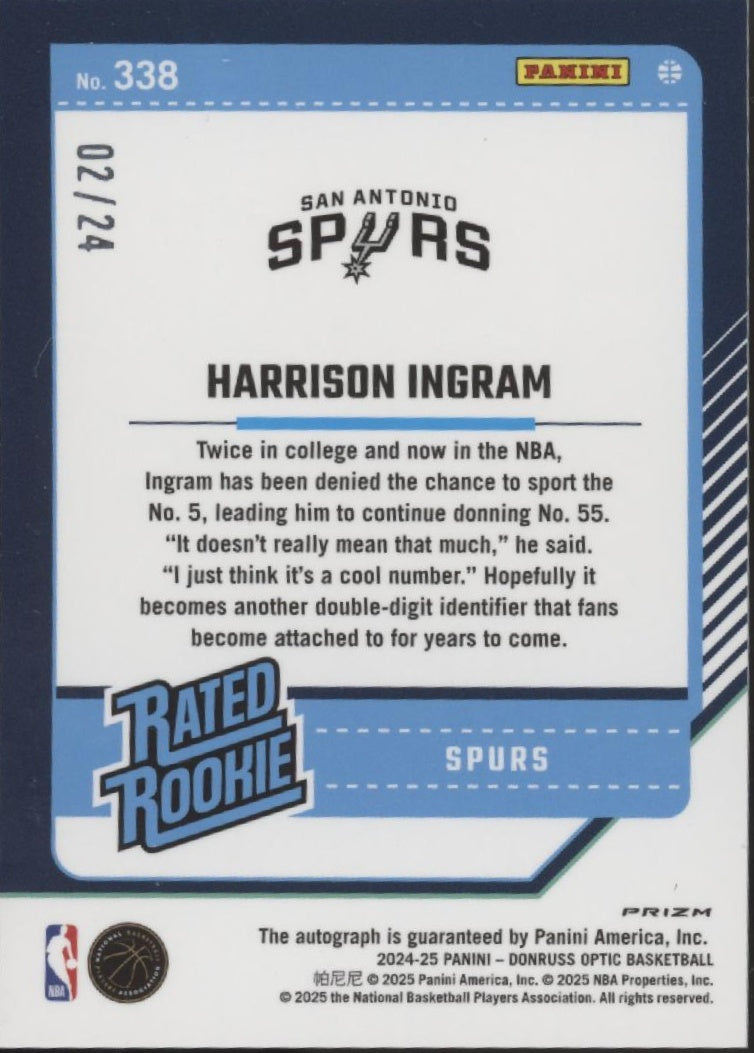 Harrison Ingram 2024-25 Donruss Optic Rated Rookie Blue Mojo Prizm RC Auto 02/24