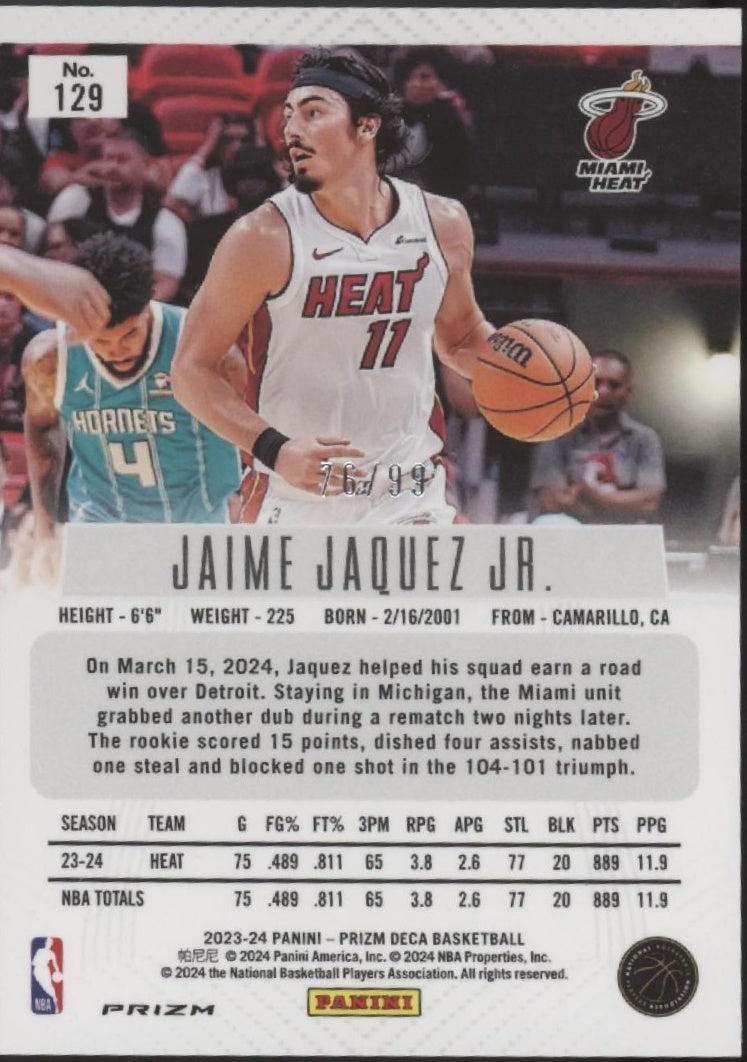 Jaime Jaquez Jr. 2023-24 Panini Prizm Deca Purple Prizm RC 76/99 #129