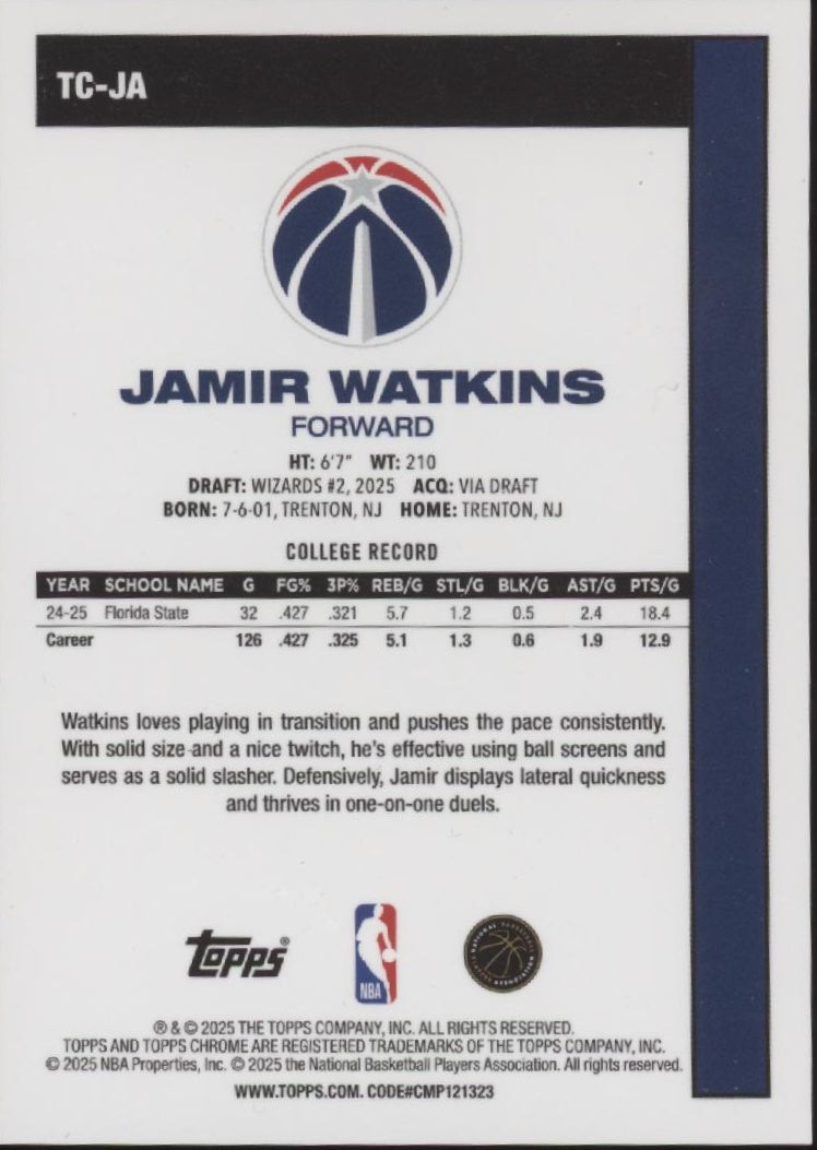 Jamir Watkins 2025-26 Topps Chrome 45th Anniversary Orange Mojo Refractor 05/25