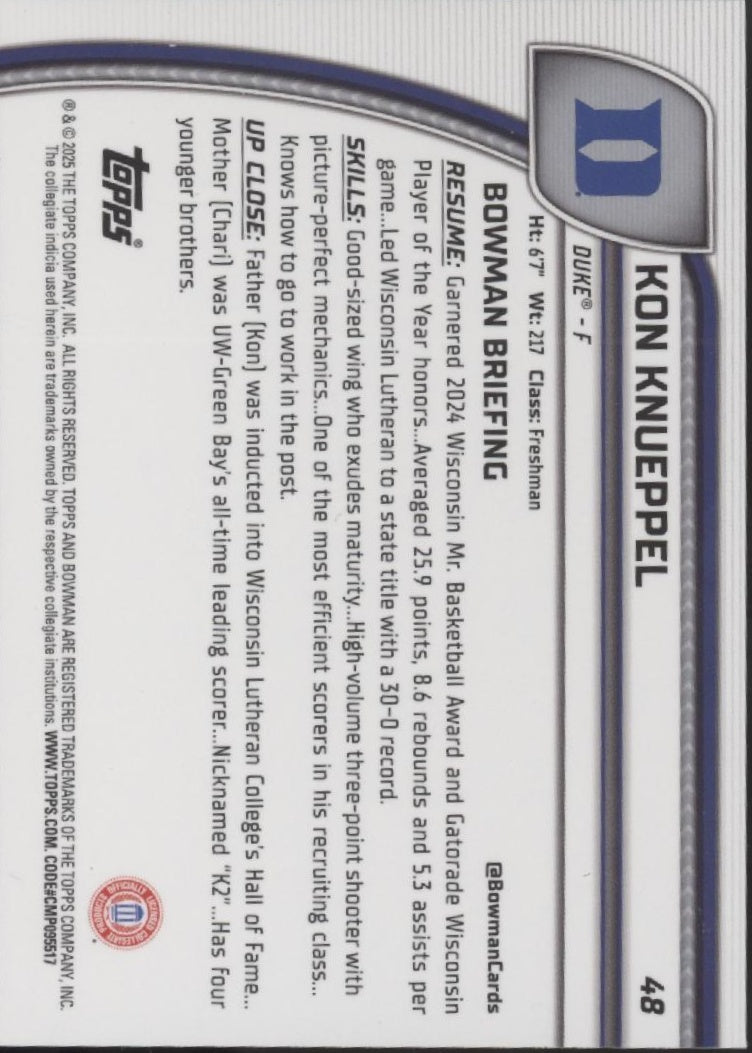 Kon Knueppel 2025 Bowman Chrome University Black Wave Refractor #48